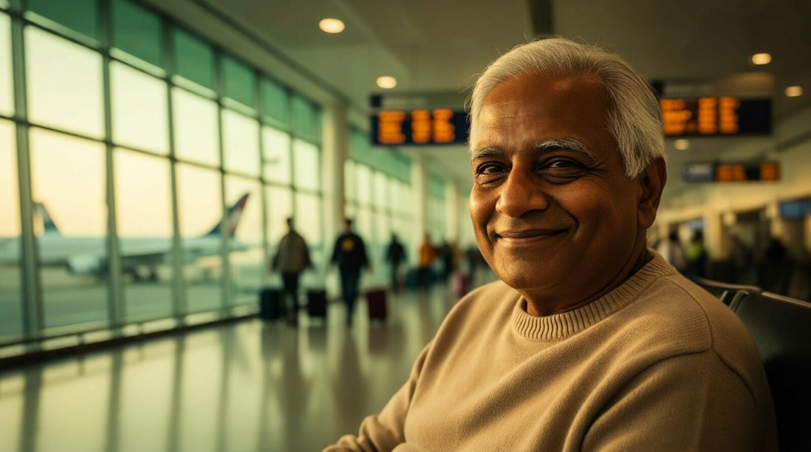 A senior Indian uncle smiling in quiet relief at a US airport gate, with the terminal softly out of focus behind him